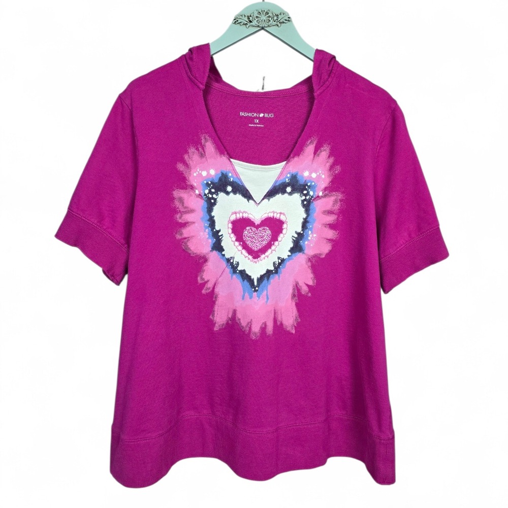 Fashion Bug Pink Hoodie With Heart Graphic Women's Size 1X - Picture 1 of 5